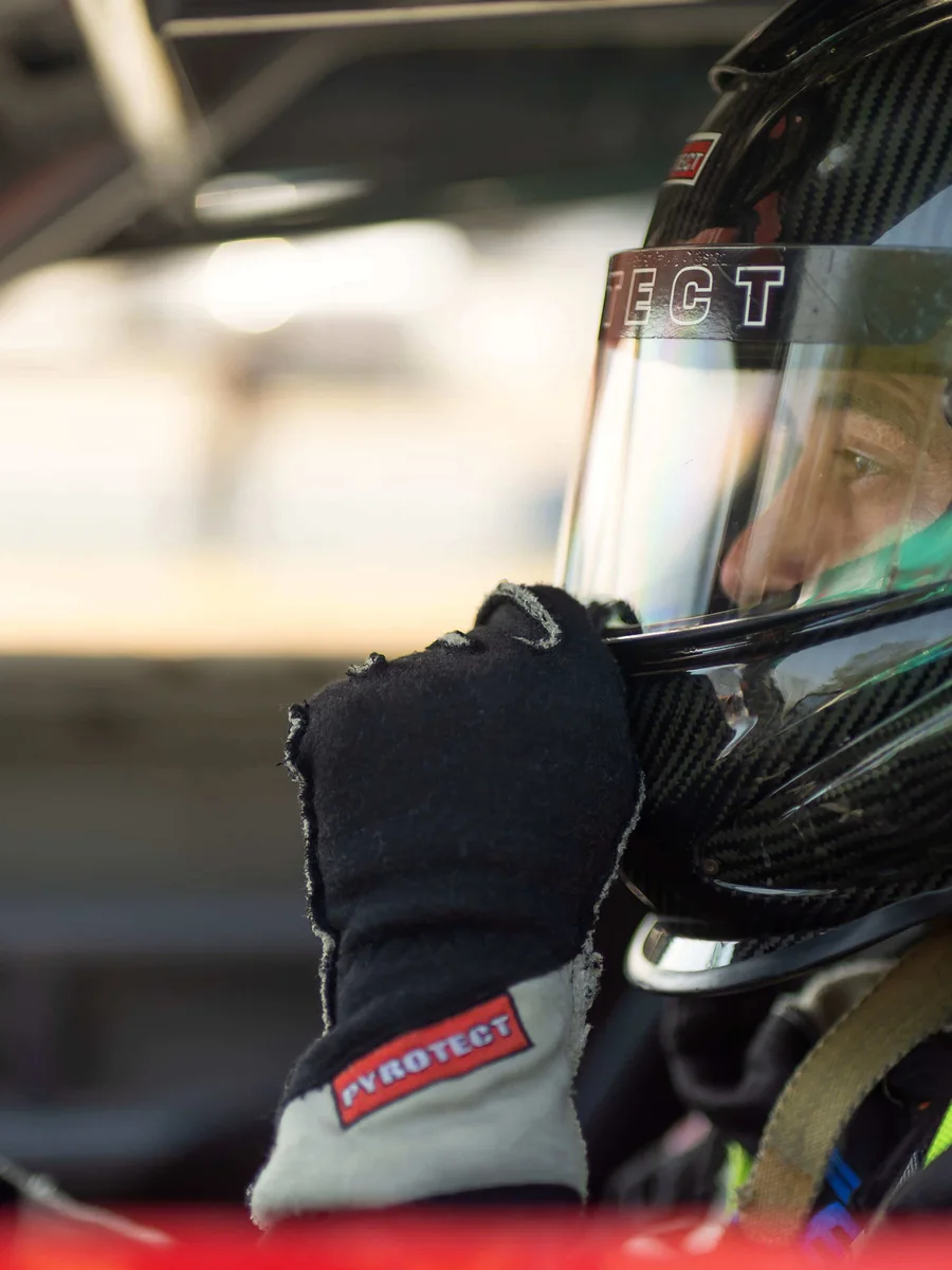 Jonathan Nerren wearing his racing helmet