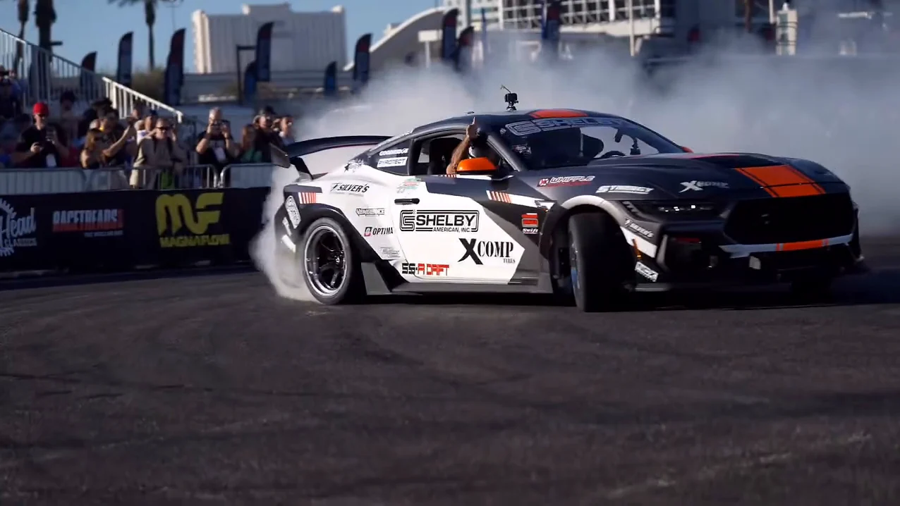 The 2026 Shelby SS‑R Drift sliding through smoke during its SEMA demonstration